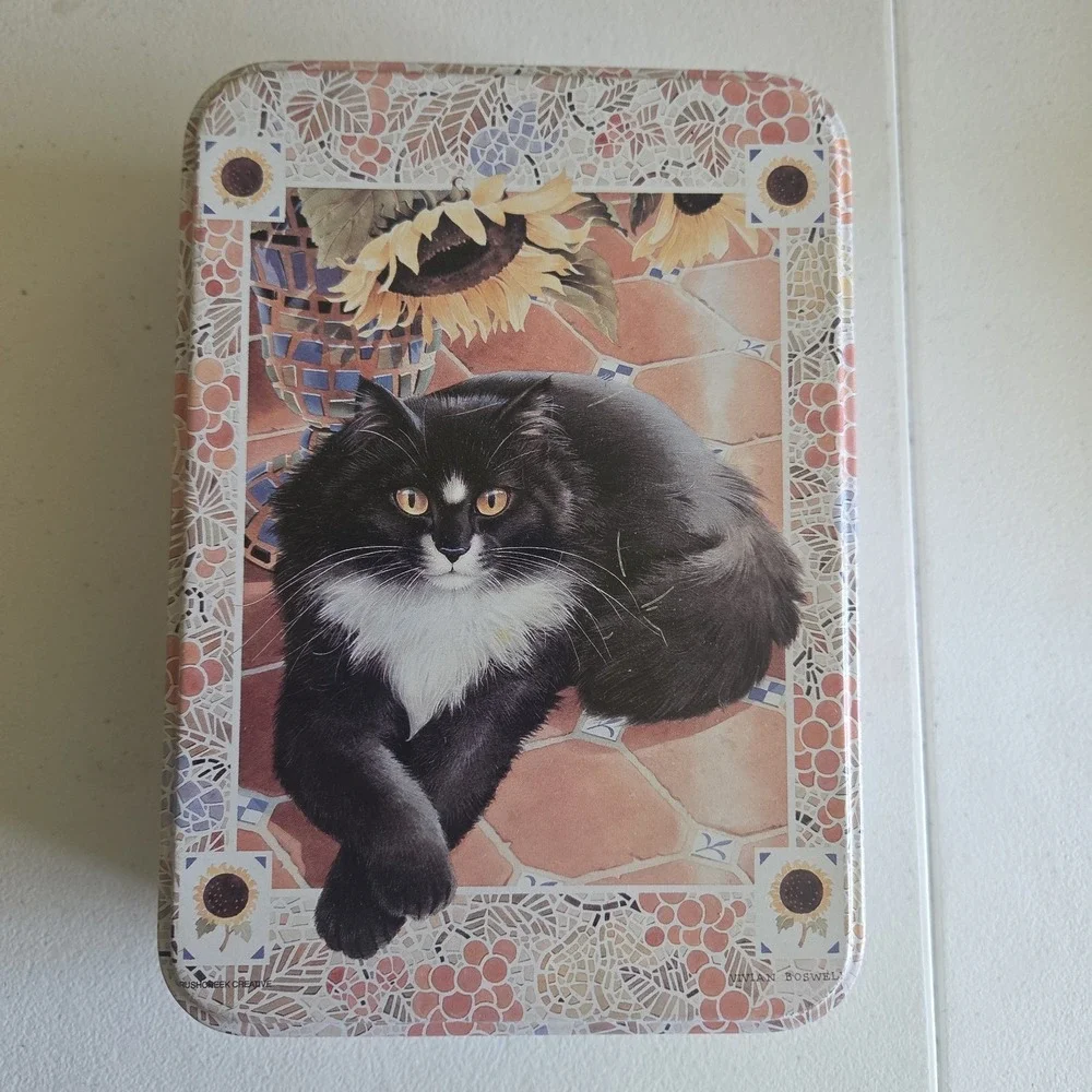 Vintage Vivian Boswell Long Hair Black White Cat Metal Tin Brushcreek Creative